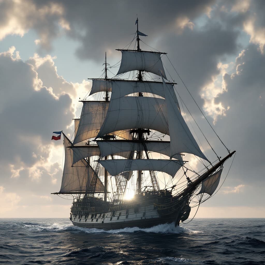 AI generated: Photo of a ultra realistic sailing ship, dramatic light, pale sunrise, cinematic lighting, battered,...