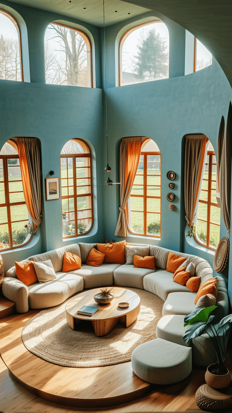 AI generated: High resolution photography interior design, dreamy sunken living room conversation pit, wooden floo...