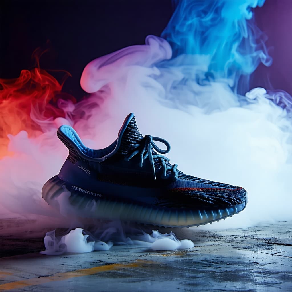AI generated: A studio product photo of a sneaker placed on a concrete surface, surrounded by mist and colored ref...