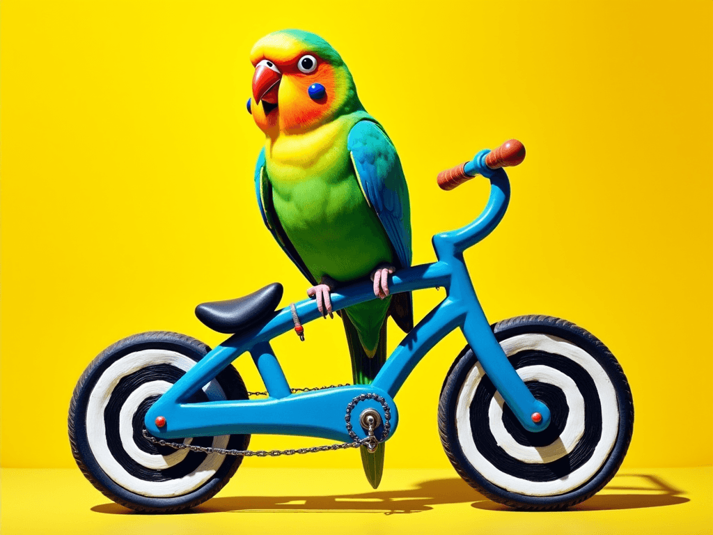 AI generated: A vibrant and surreal composition featuring a colorful parakeet perched on a whimsical blue bicycle,...