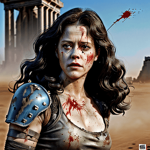 AI generated: portrait of Sigourney Weaver as a mad max post apocalyptic female warrior, strong, muscular, long fl...