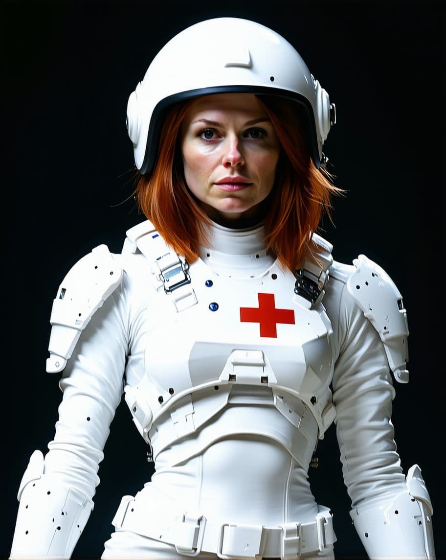 AI generated: Adult female with athletic build, shoulder-length red hair, wearing white metal combat armor and a w...