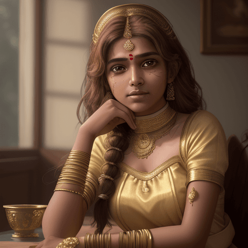 AI generated: indian female dressed as maid,light golden-brown hairs,housemaid, sitting on the table, attractive, ...