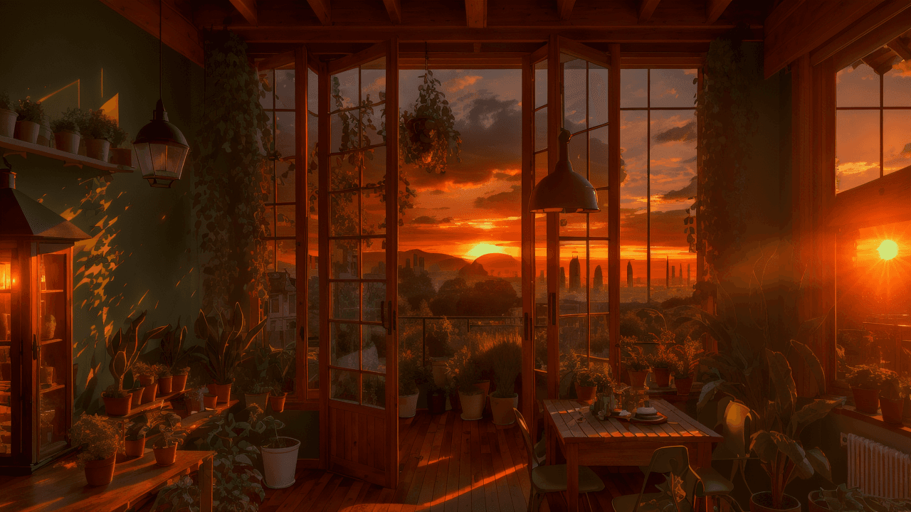 AI generated: sunset, high resolution photography interior design, wooden floor, small windows opening onto the ga...
