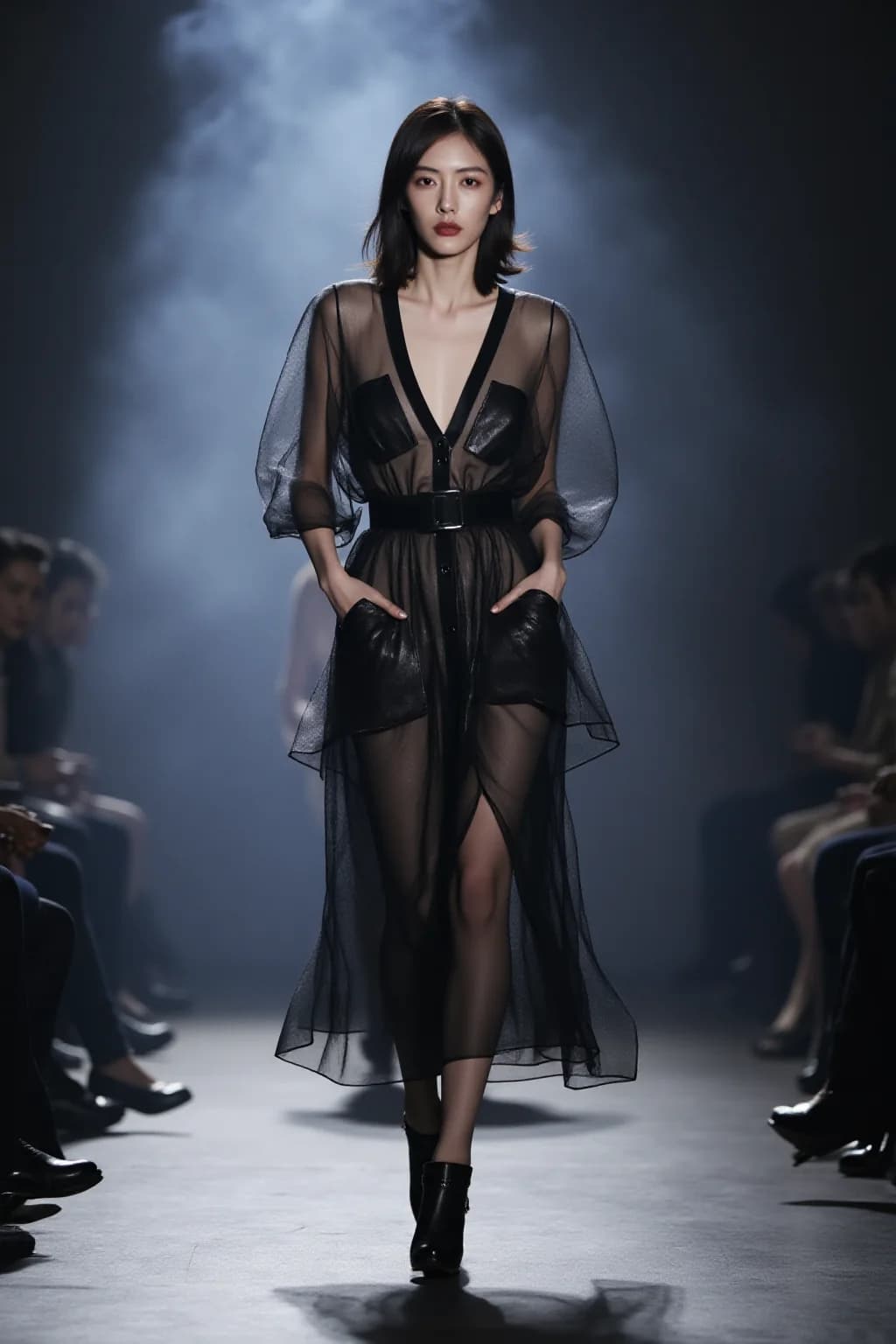 AI generated: This is a high-quality photo capturing a fashion show. The model confidently struts down the runway....
