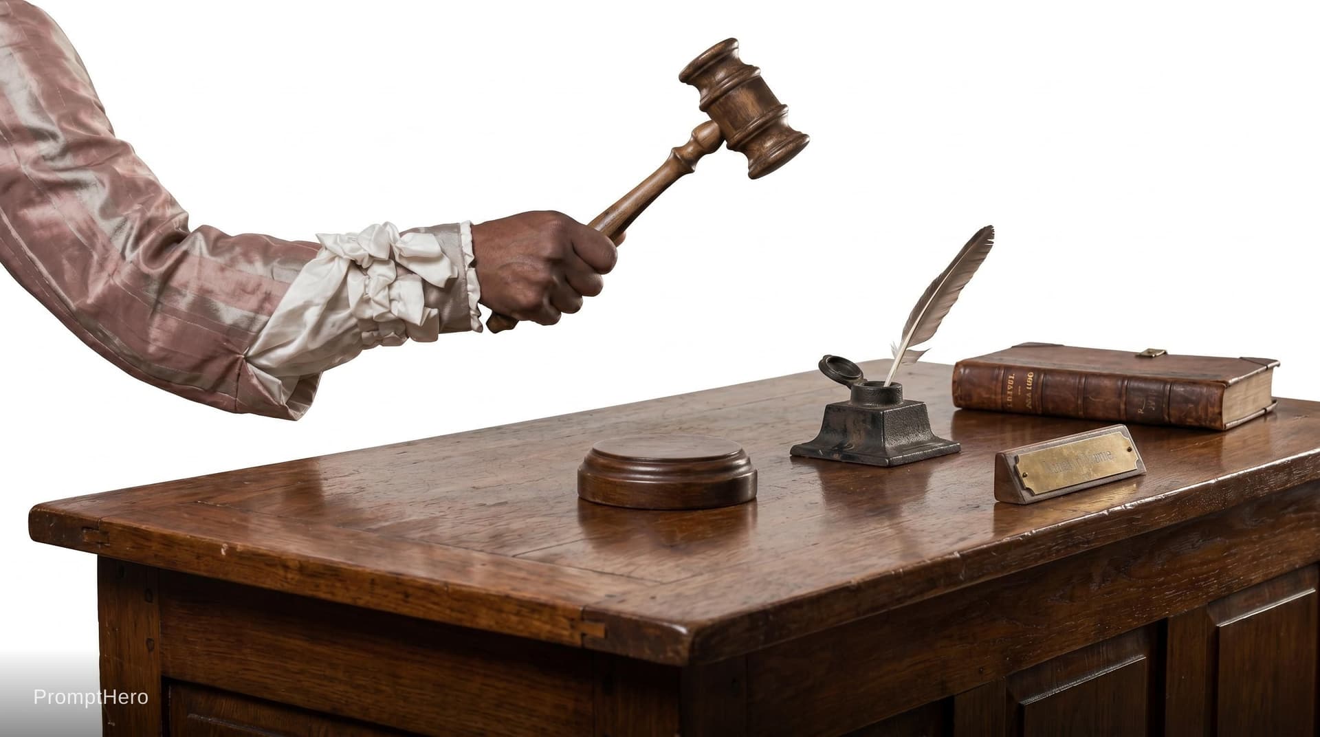 AI generated: judge table 1900s wooden old table full. white background. 