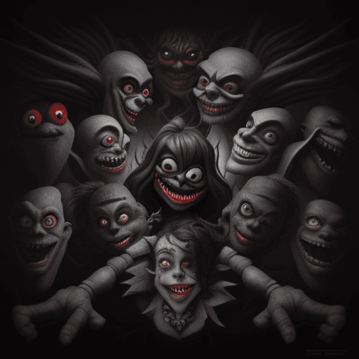 AI generated: 
Smiling Dark Puppet Fighting Monsters, A Dark Fantasy in Escher's Style