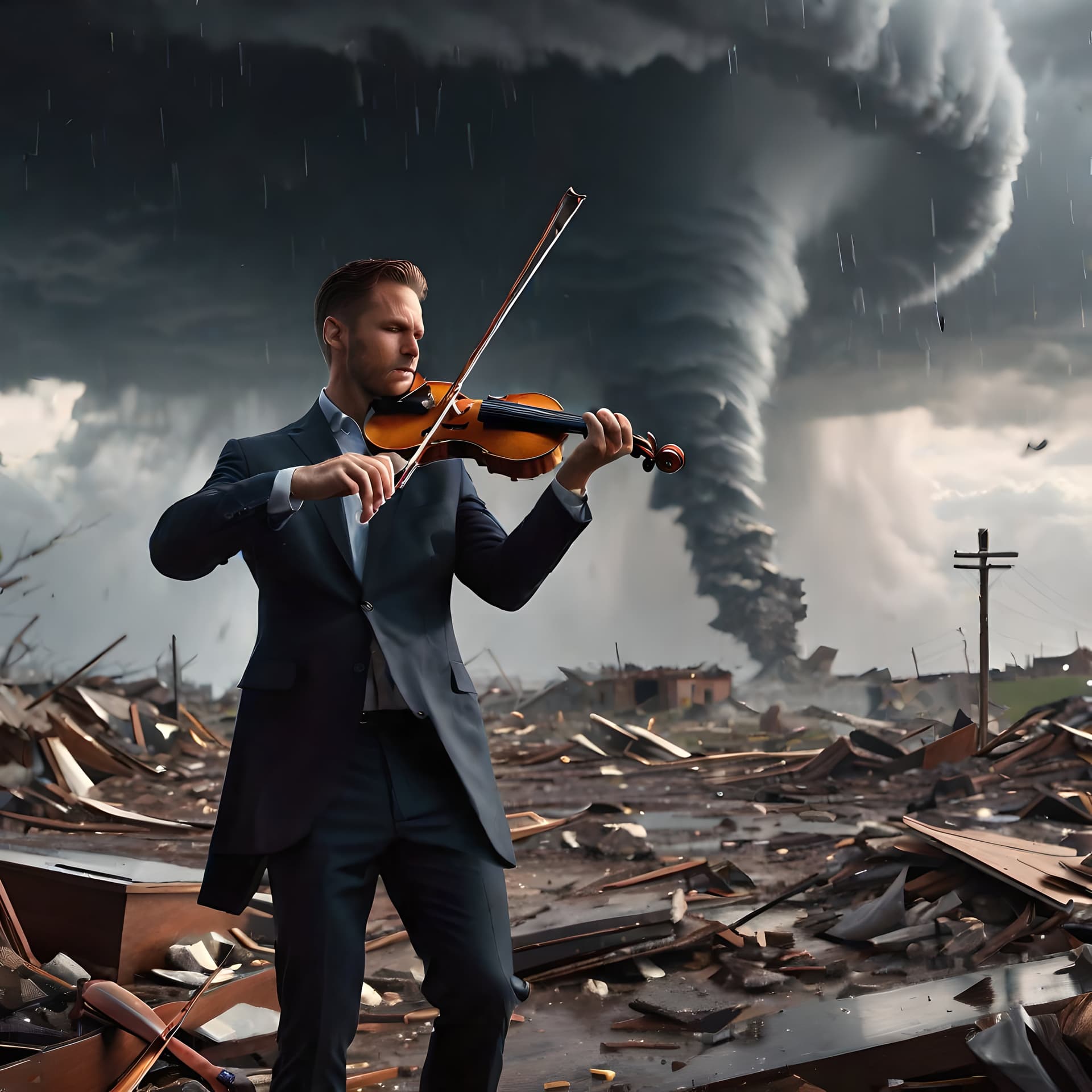 AI generated: A man playing the violin as a tornado slowly approaches in the background, devastation, debris, extr...
