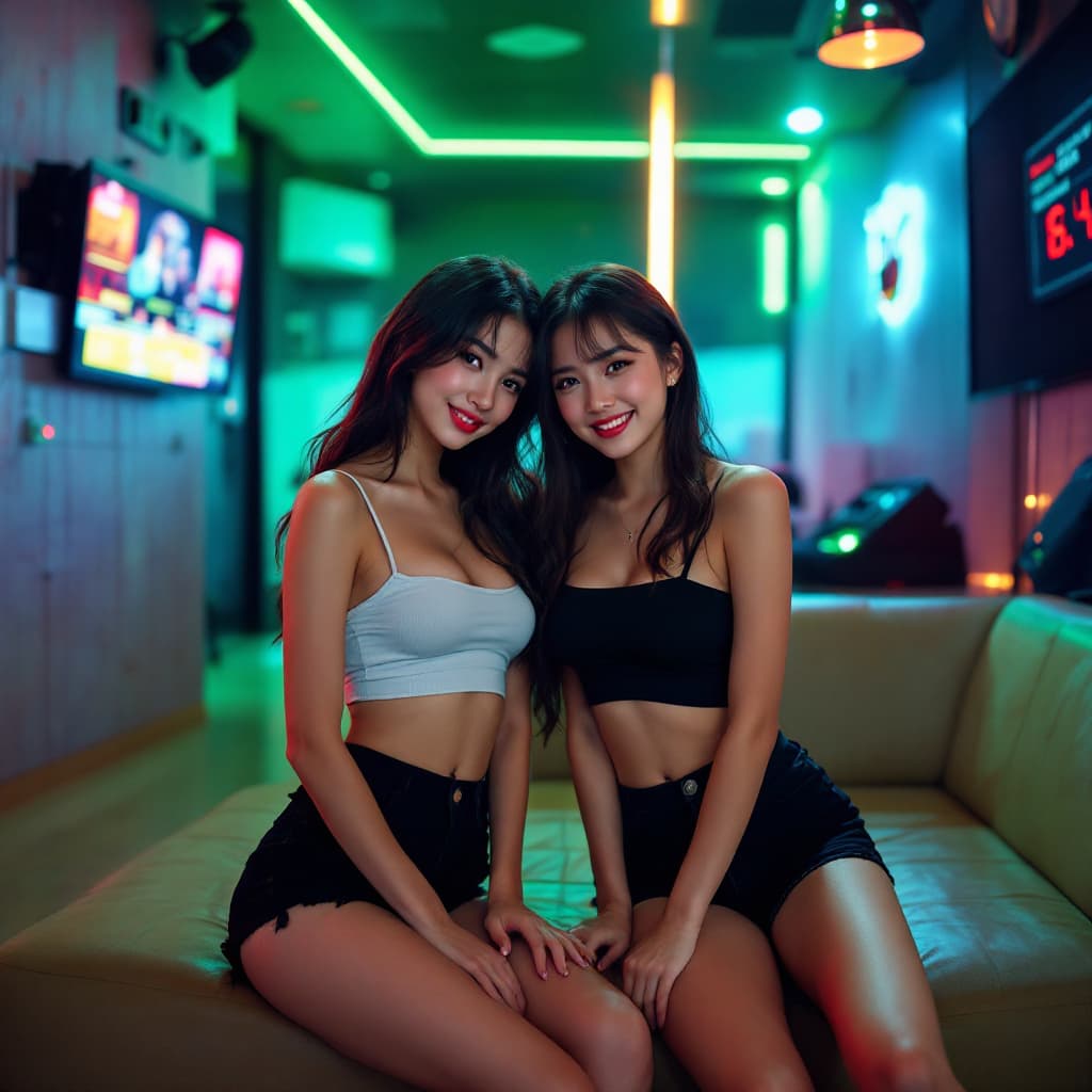 AI generated: Two 18 year old Thai girls in a karaoke room wearing a crop top and small shorts