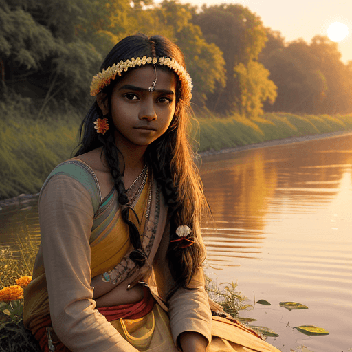 AI generated: A young indian with Flowers in hair on the bank of river during golden hour