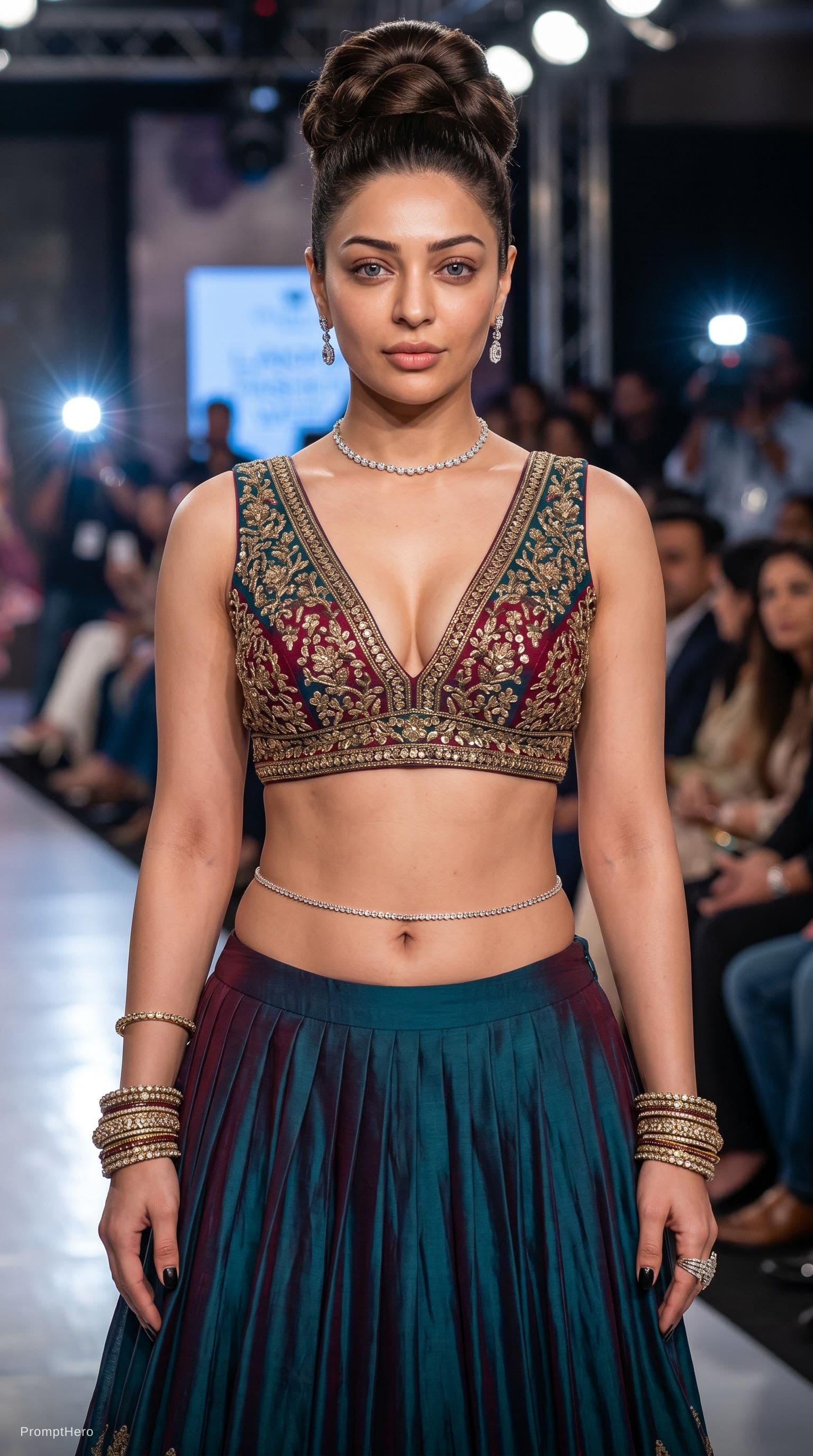 AI generated: No makeup. she has small diamond chocker on neck and keep original jewelry on neck with earrings. lo...