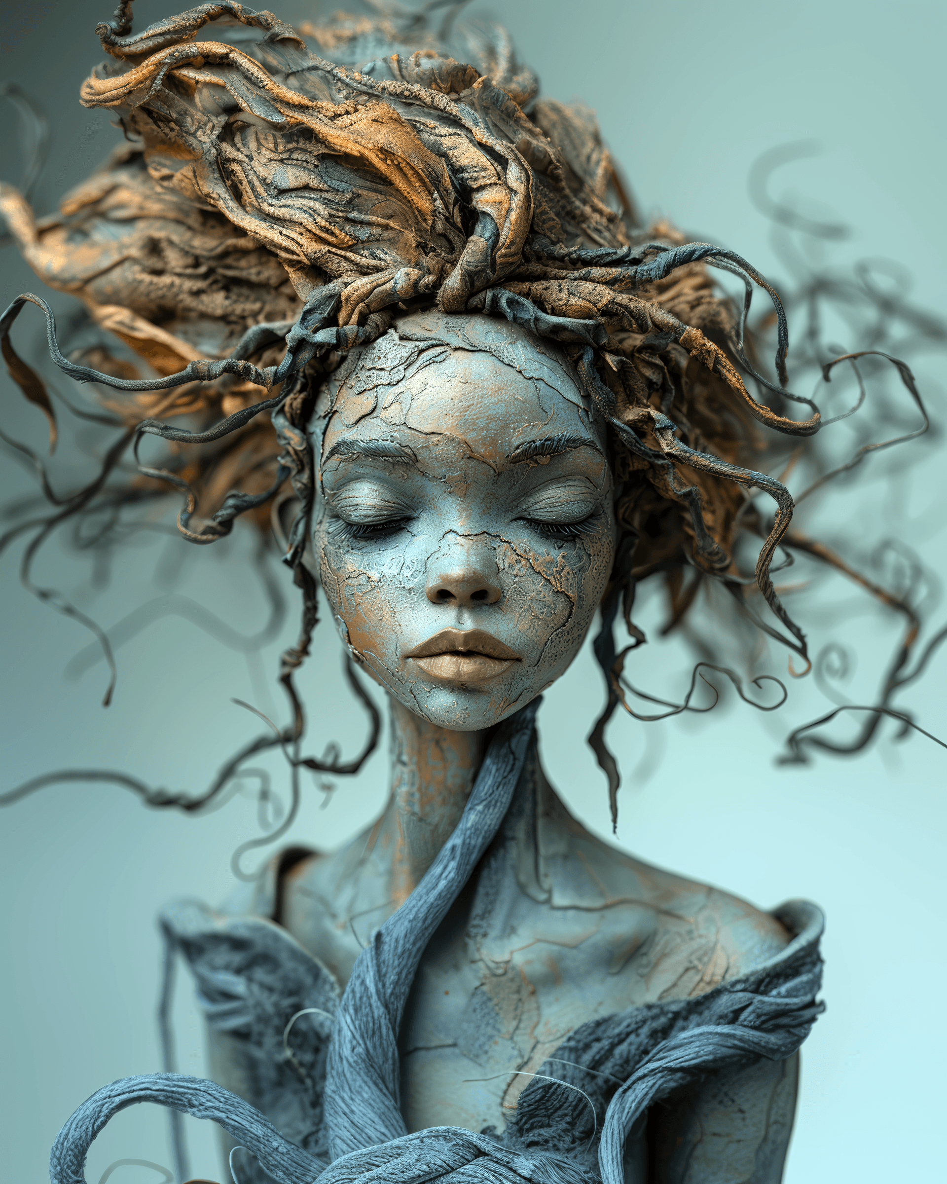 AI generated: with hair and in a modern day dress, she poses, in the style of bronze patina, multilayered texture,...