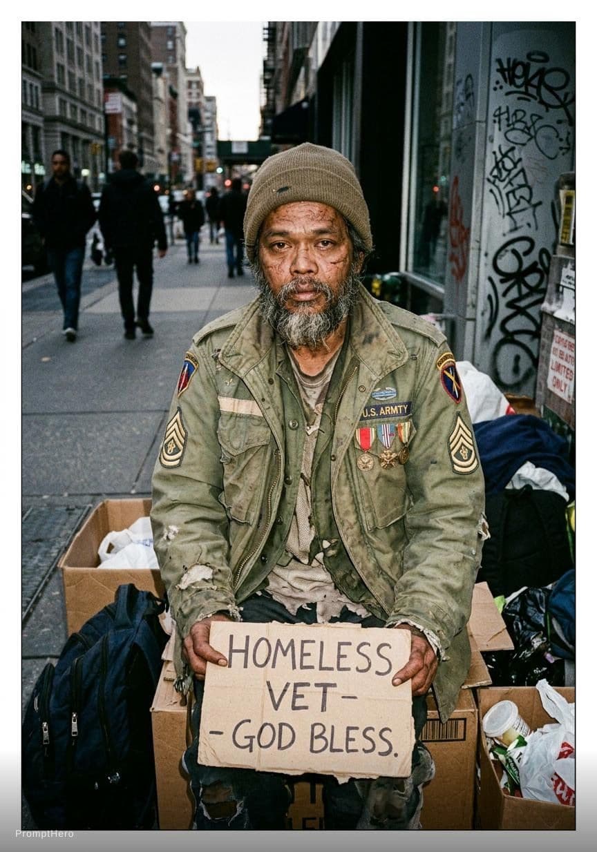AI generated: weather worn dirty old war veteran, homeless and living on the streets, 