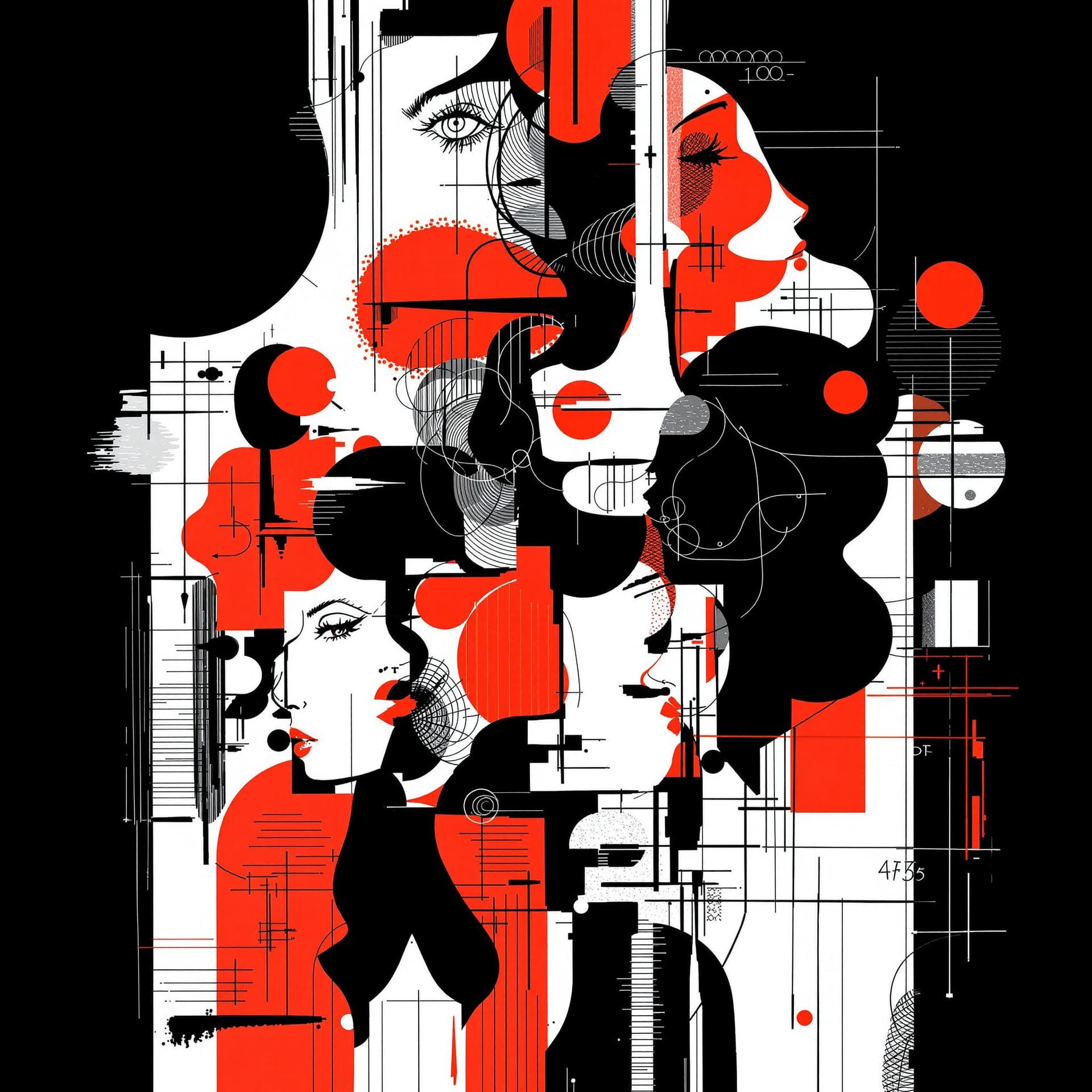 AI generated: A collage of various abstract woman, shapes and lines, with red accents, on white paper, composition...