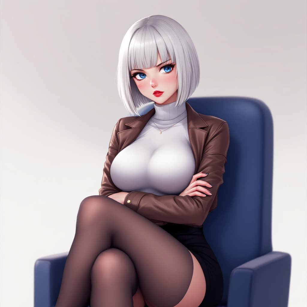 AI generated: anime, woman, white hair, bob cut, blue eyes, freckles, red lips, white turtle neck sweater, tight t...