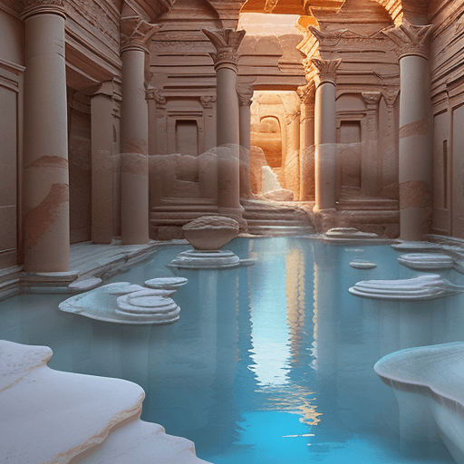 AI generated: A wide open courtyard in an epic, colorful city in ancient petra, treasury, sakura season, at Pamukk...