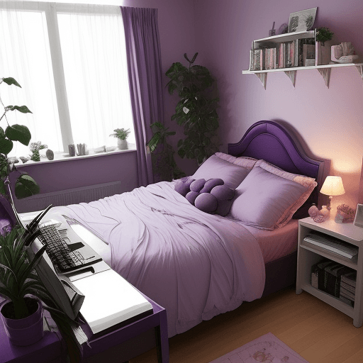 AI generated: spacious aesthetic bedroom, anime style, night, purple soft light, some plants, cute, lilies in a va...