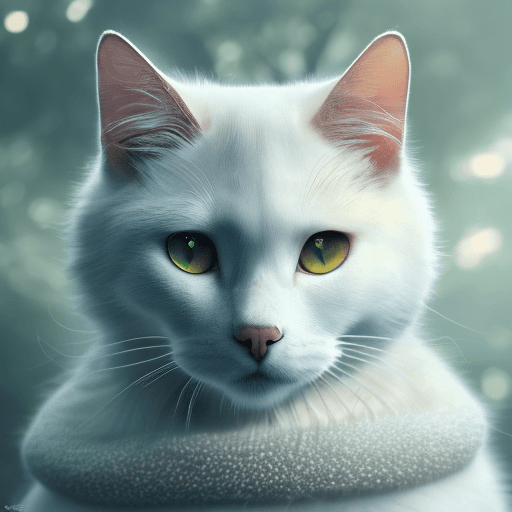 AI generated: robotic white cat, with a little bit of yellow hairs in the nose, blurred environment background,por...