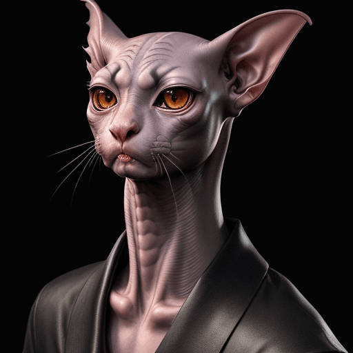 AI generated: PhotoReal photograph of a yakuza hairless sphinx cat, 4k, 8k highly detailed, masterpiece