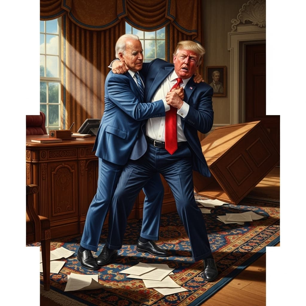 AI generated: The Trump vs. Biden (Wrestling):
"Wide angle shot of Donald Trump and Joe Biden engaged in a heated
...