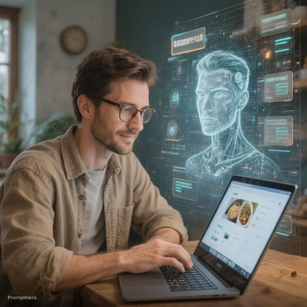 AI generated: Man working on a  laptop with Ai backgrounding and make his recipes for eat 
