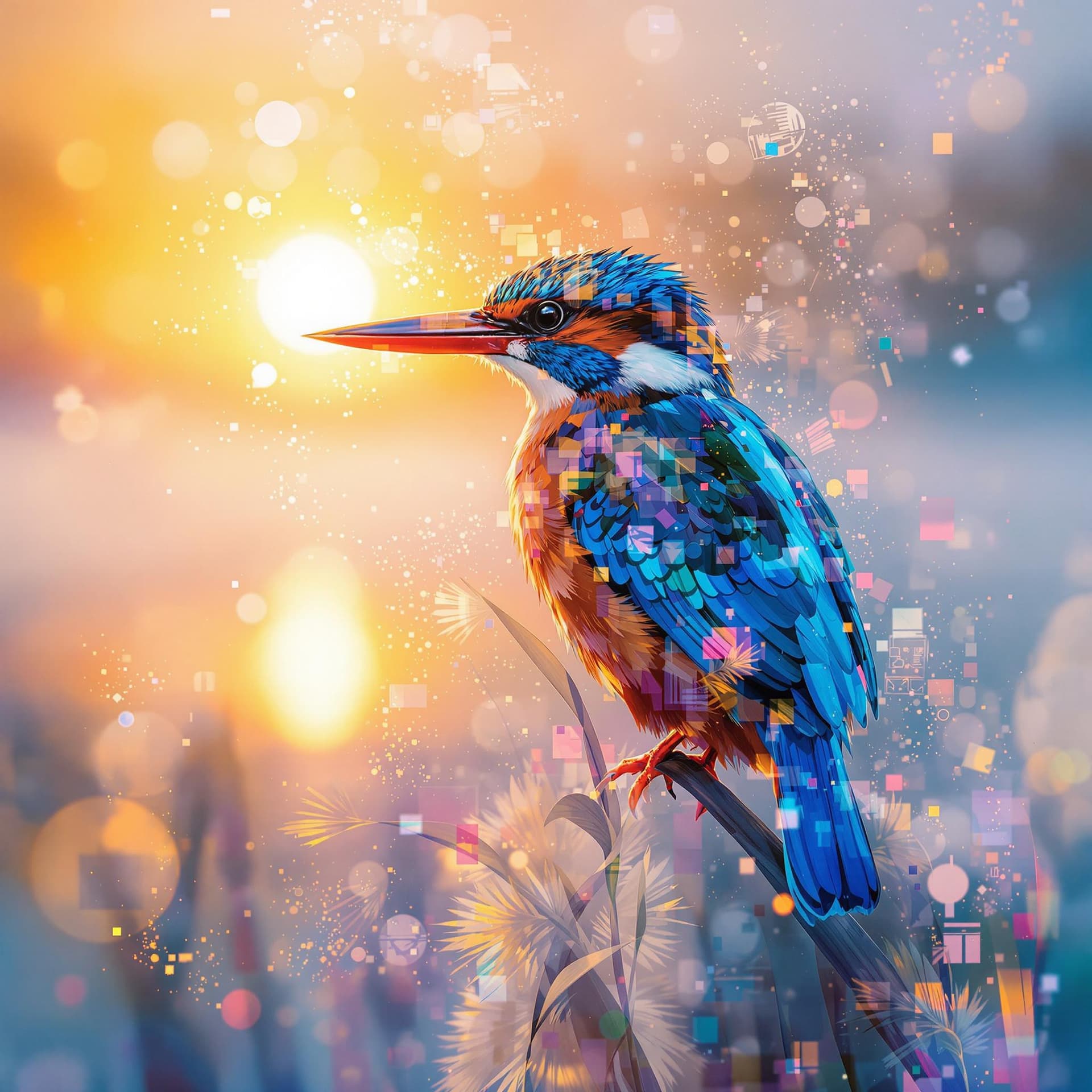 AI generated: A kingfisher perched on a bullrush, surrounded by misty lake waters at sunrise. Double exposure. Vib...