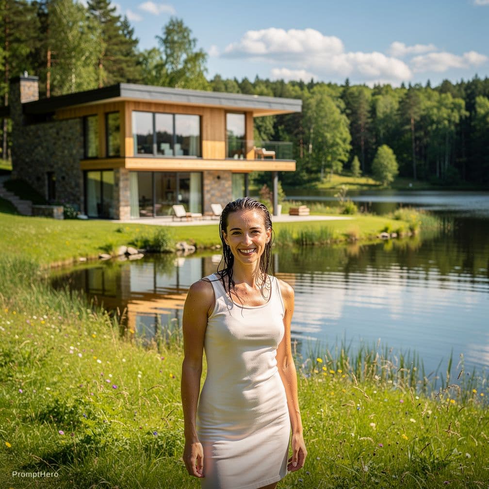 AI generated: A realistic, high-resolution photograph. The woman stands next to a beautiful house. The natural lak...