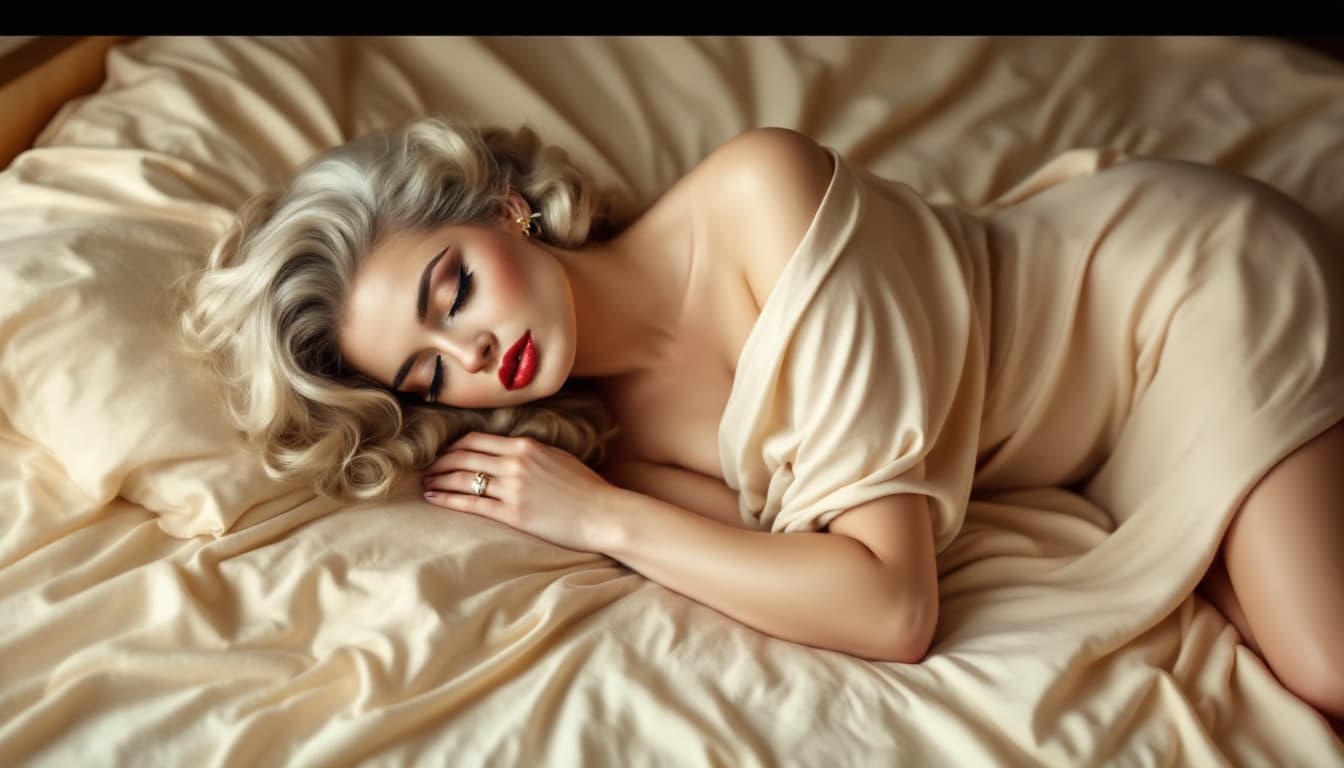 AI generated: A woman lies draped in a cream-colored sheet, positioned in a relaxed, reclining pose on a bed. 

Th...
