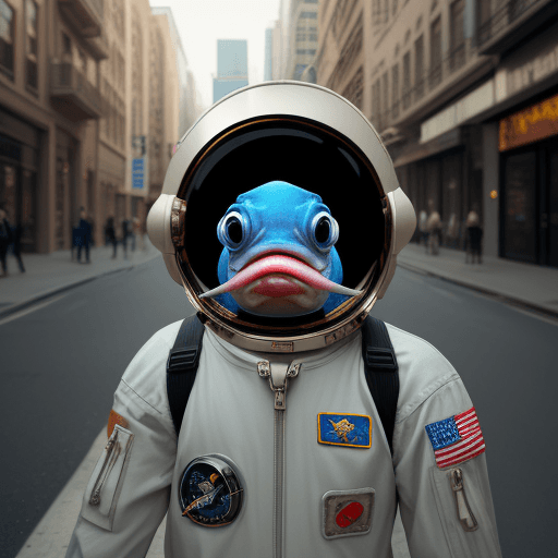 AI generated: fish face in an astronaut helmet, anthropomorphic, humanoid, walking down the street humanoid and an...
