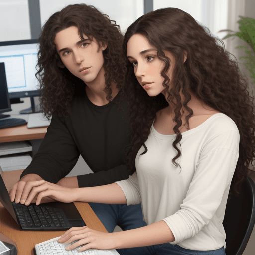 AI generated: woman with brown eyes and medium long curly hair. who is having a conversation with a white man, dar...