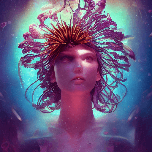 AI generated: Goddess close-up portrait ribcagel. jellyfish phoenix head, nautilus, orchid, skull, betta fish, bio...
