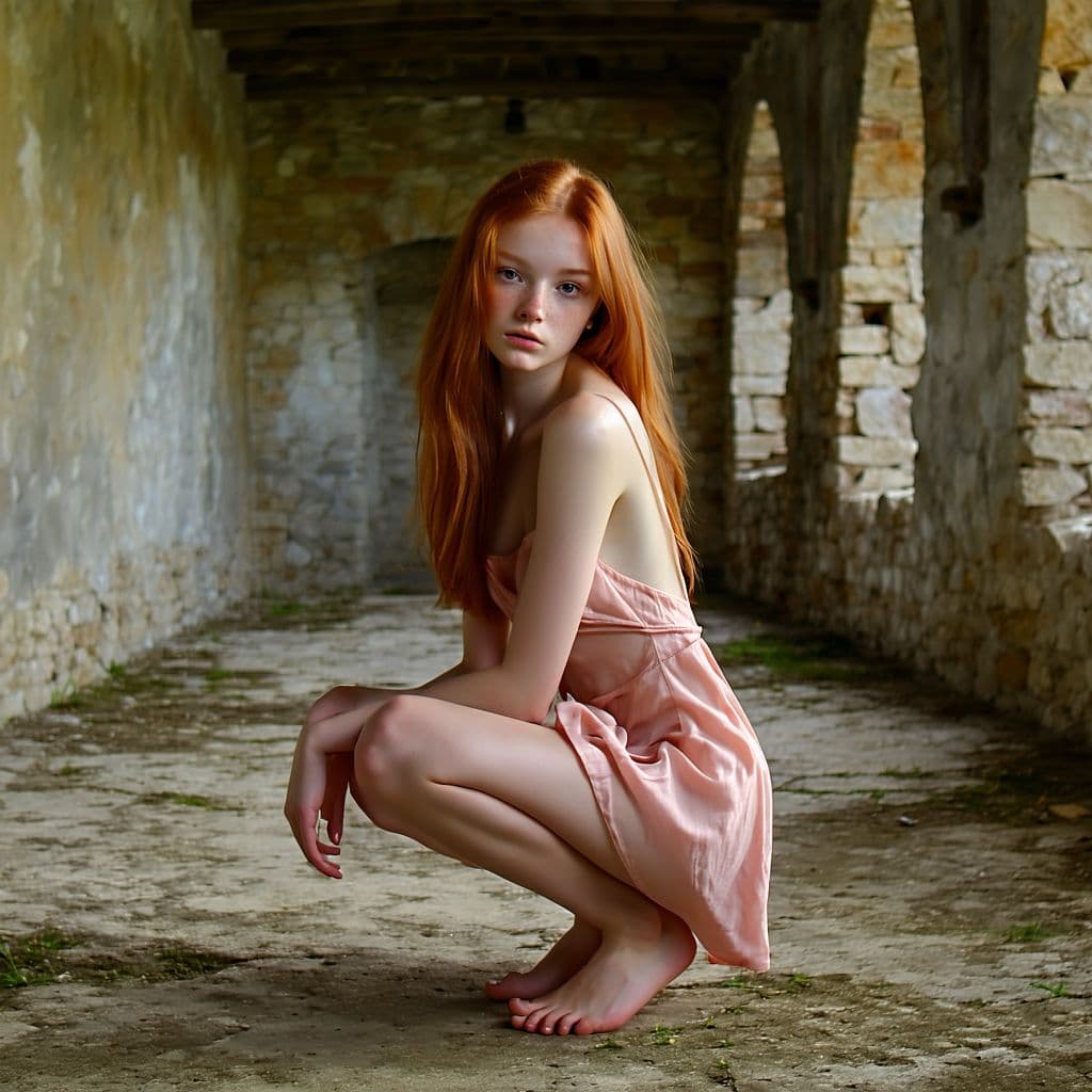 AI generated: Today we feature an artistic young lady squatting in Front to the Camera on the floor with red hair,...
