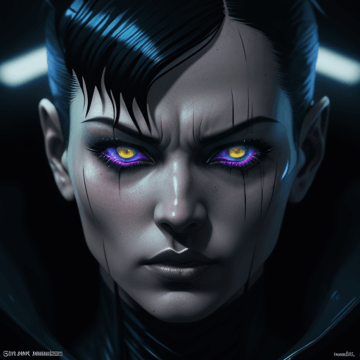 AI generated: frank miller illustration, dark anime, Arcane, bladerunner, villain frontal facial close up uplit fr...