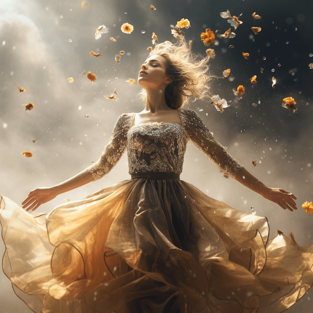 AI generated: A woman in under a cloud with a rainy day, in the style of dimitry roulland, glittery and shiny, , s...