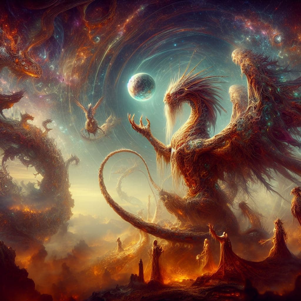 AI generated: Fantastic highly detailed creatures celebrating a new god in a world beyond our imagination,Greg Rut...