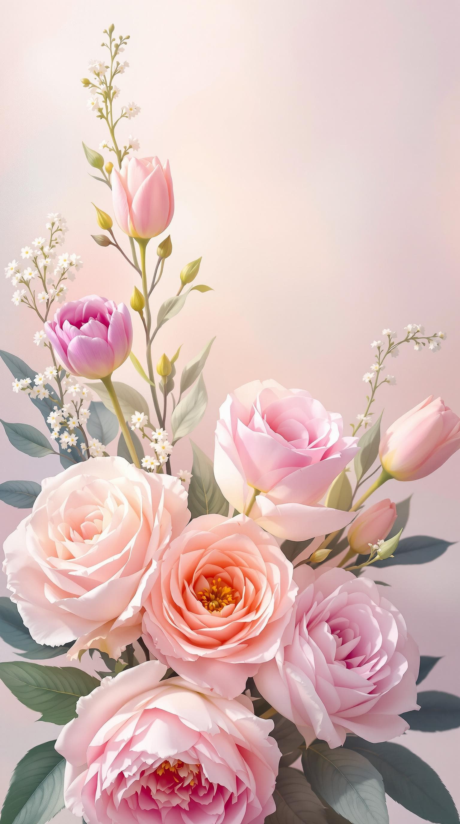AI generated: A beautiful and elegant bouquet of flowers featuring roses, tulips, and peonies in soft pastel color...