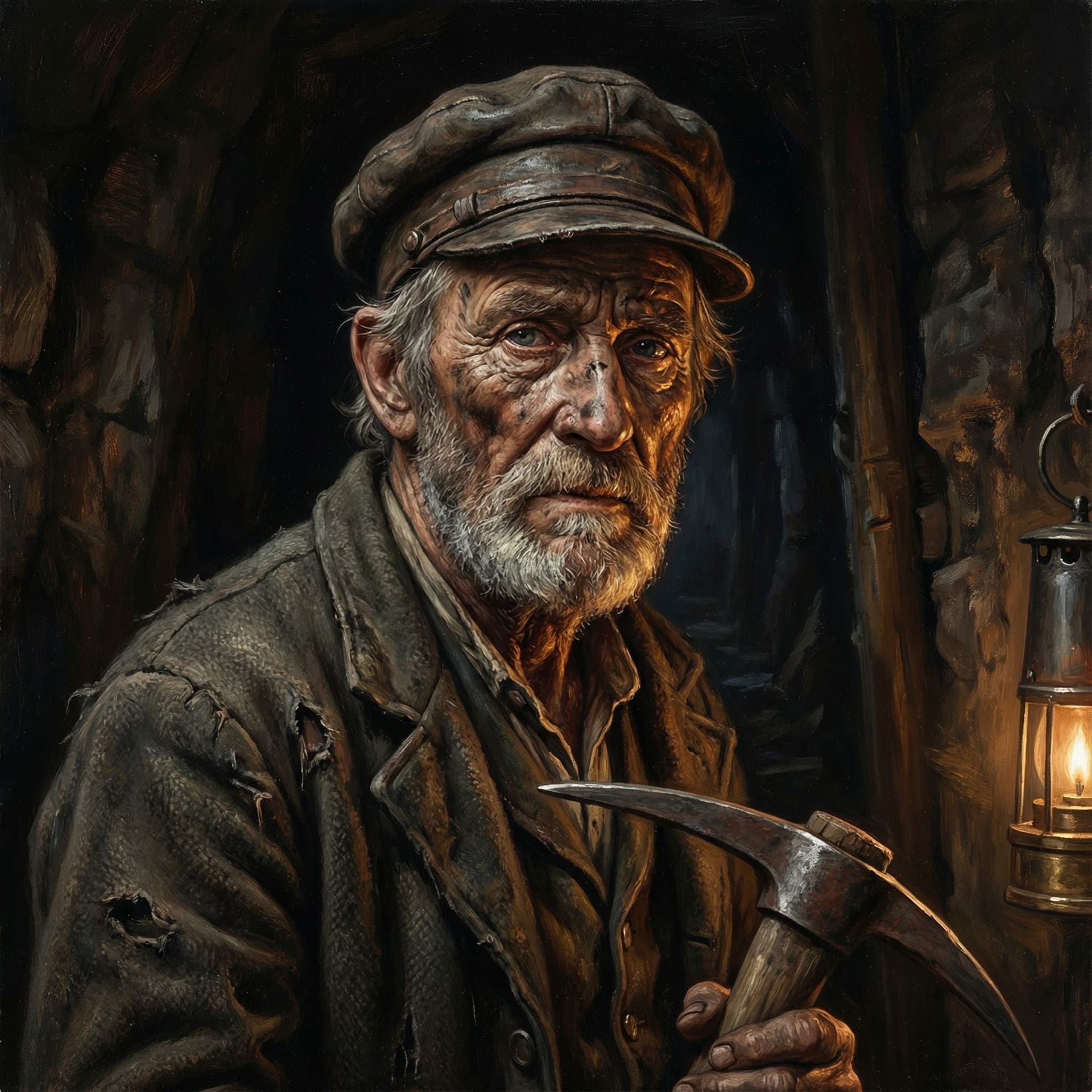 AI generated: a portrait of an old coal miner in 19th century, beautiful painting with highly detailed face by gre...