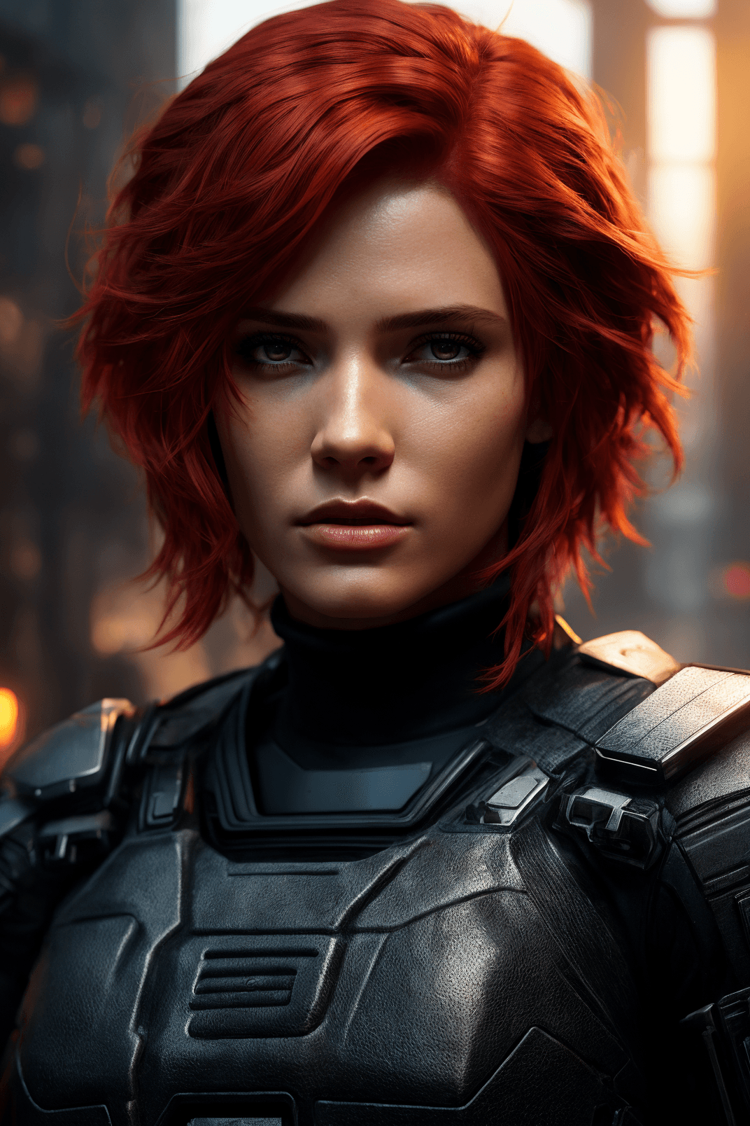 AI generated: Cyberpunk, police, ultra detailed face, ultra detailed eyes, cinematic, short red hair cinematic lig...