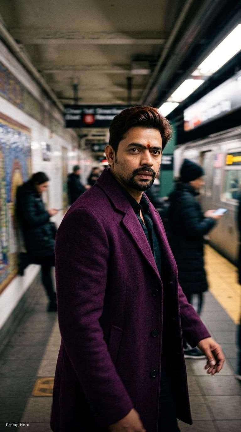 AI generated: fashion editorial photography, motion blur, male model, wearing an wool coat, deep purple color, wal...