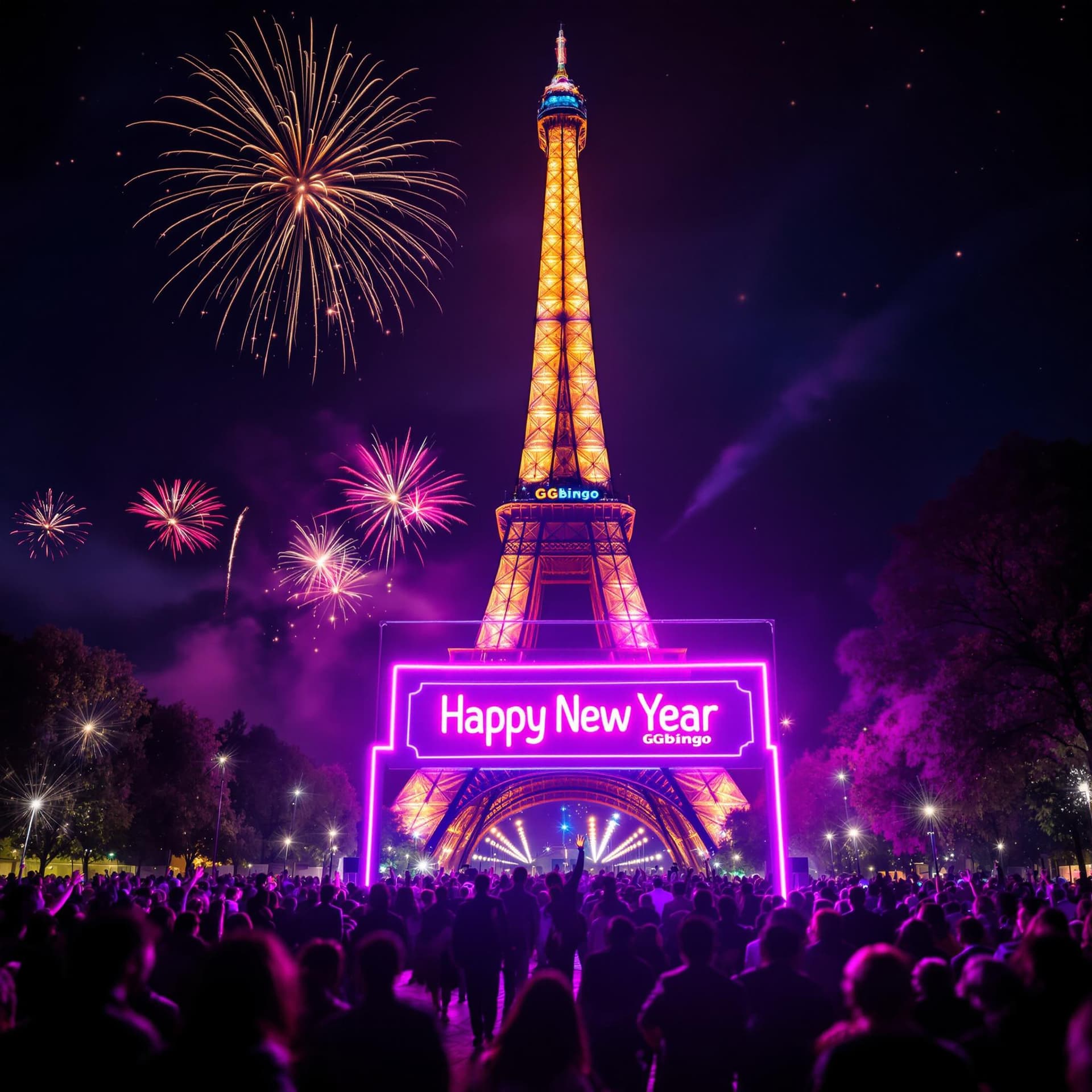 AI generated: Create a lively and festive image of people celebrating New Year's Eve in Paris in front of the Eiff...