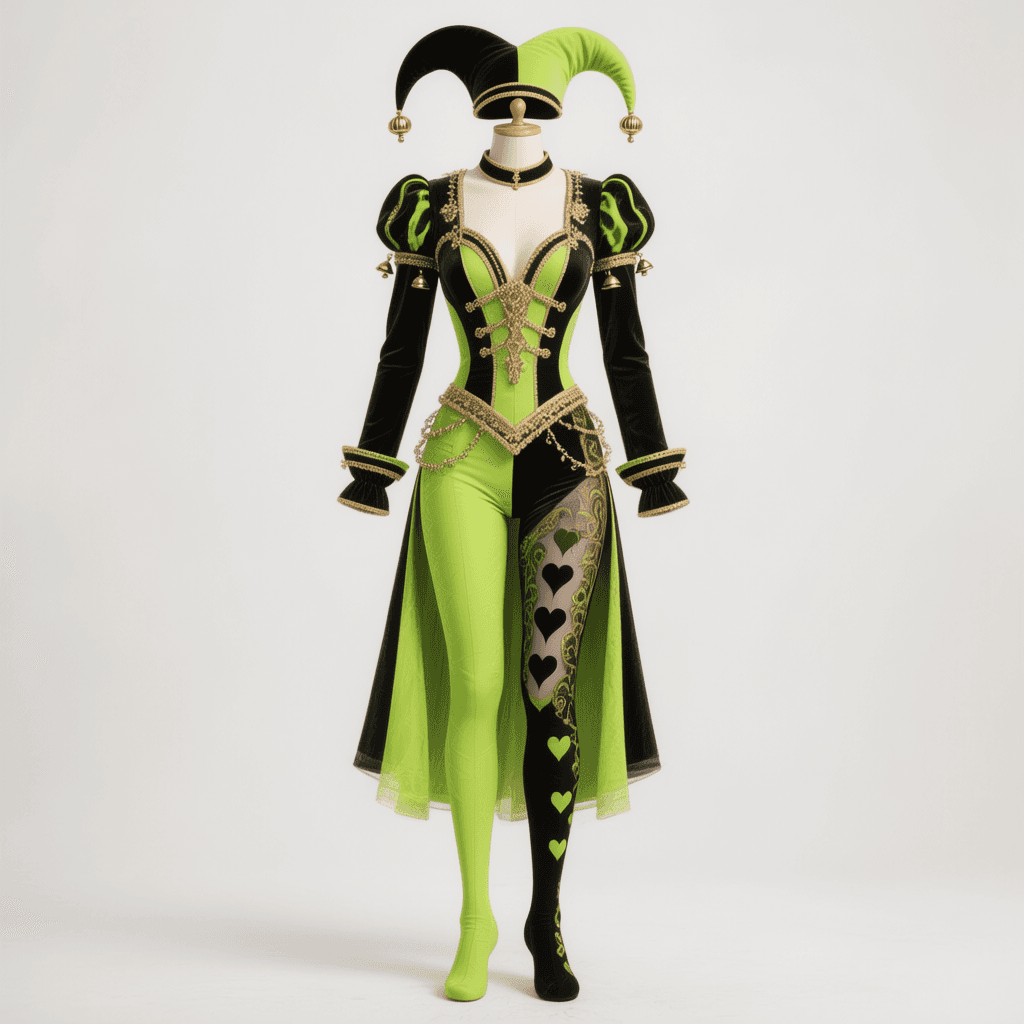 AI generated: Male harlequin theatrical costume design, black and neon green color palette, gold accents, elegant ...