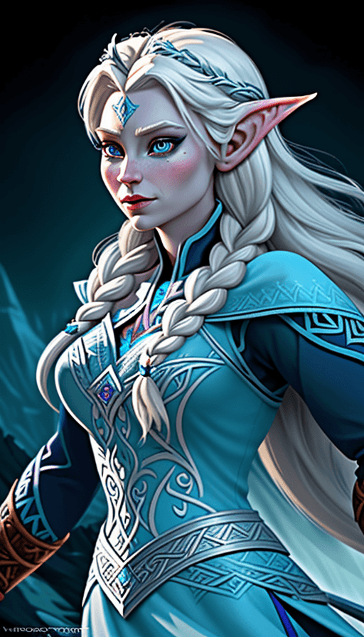 AI generated: Elsa from Frozen 2 dressed as a viking elven warrior woman , vector design art, consept  design, 
ch...