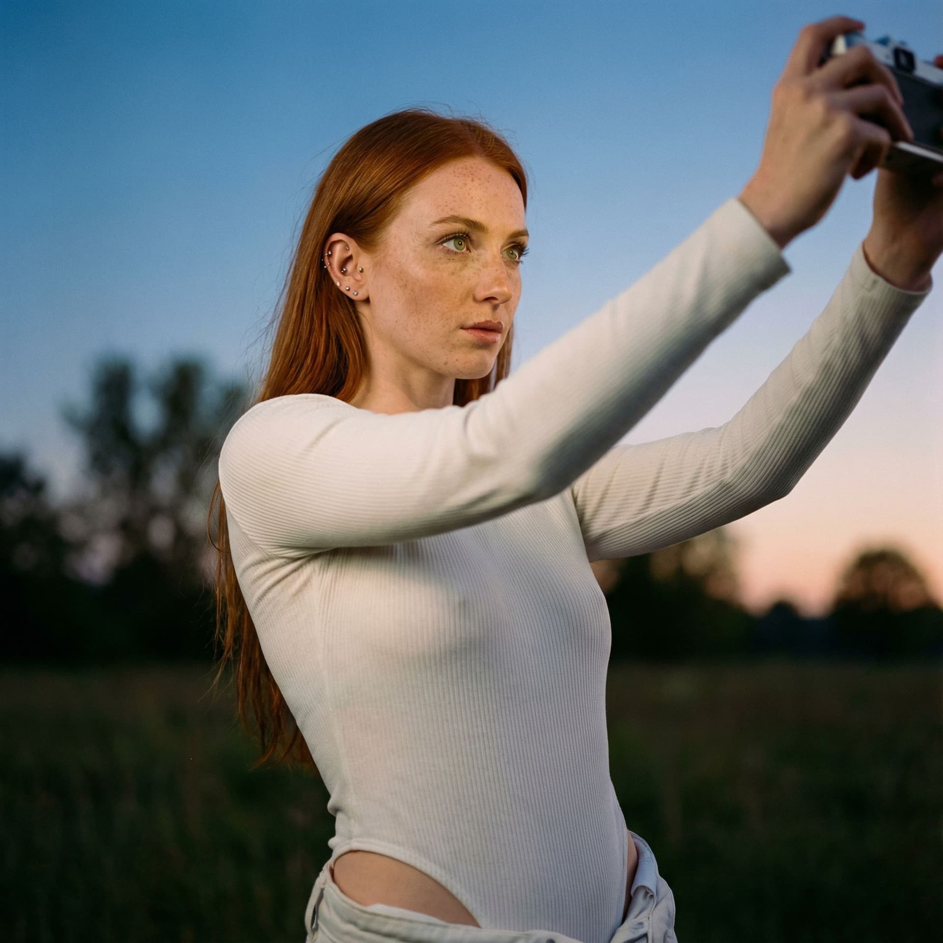 AI generated: Ultra-realistic twilight Head to toe shot of a red-haired woman with bright green eyes, freckles viv...