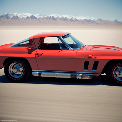 AI generated: side view angle of car red 1964 Chevrolet Corvette racing, on Bonneville salt flats Utah, rule of th...