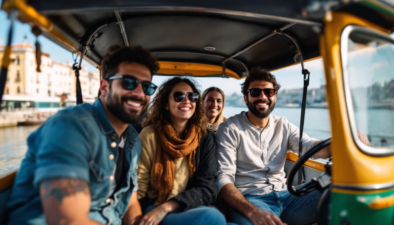 AI generated: A photograph of a group of people in a Tuktuk in Lisbon doing a sightseeing tour on a company retrea...
