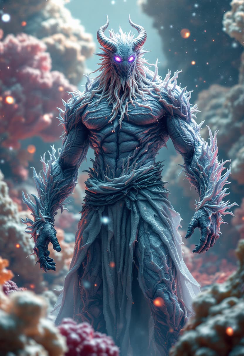 AI generated: God of Coral, full-body, No Hair or mouth, Etherial, muscular, Glowing Rainbow eyes, epic, cinematic...