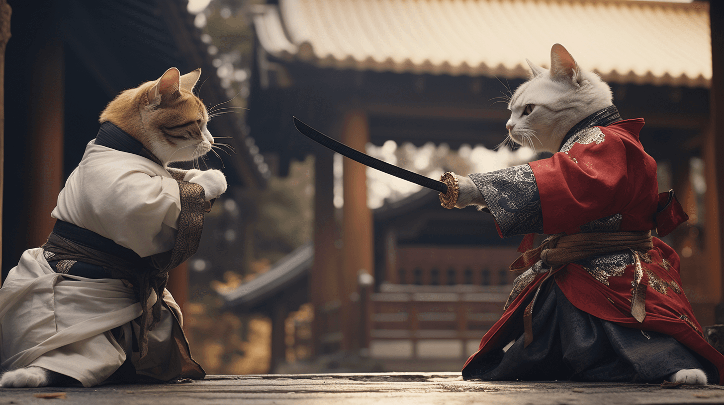 AI generated: two cats as the samurai, performing a duel, acting like humans, Akira Kurosawa movies style, photore...