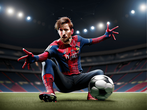AI generated: Messi doing the classic Spider-Man pose on the pitch, in the style of the Stars Art Group, photoreal...