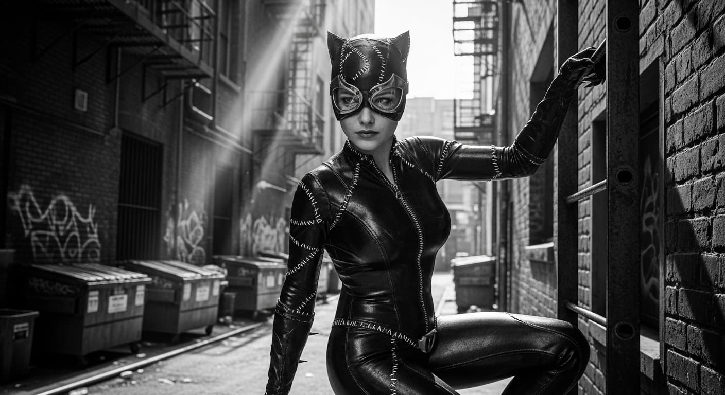 AI generated: Catwoman in an alley during day. Crush the blacks and soften the highlights. Add film grain. Hyper d...
