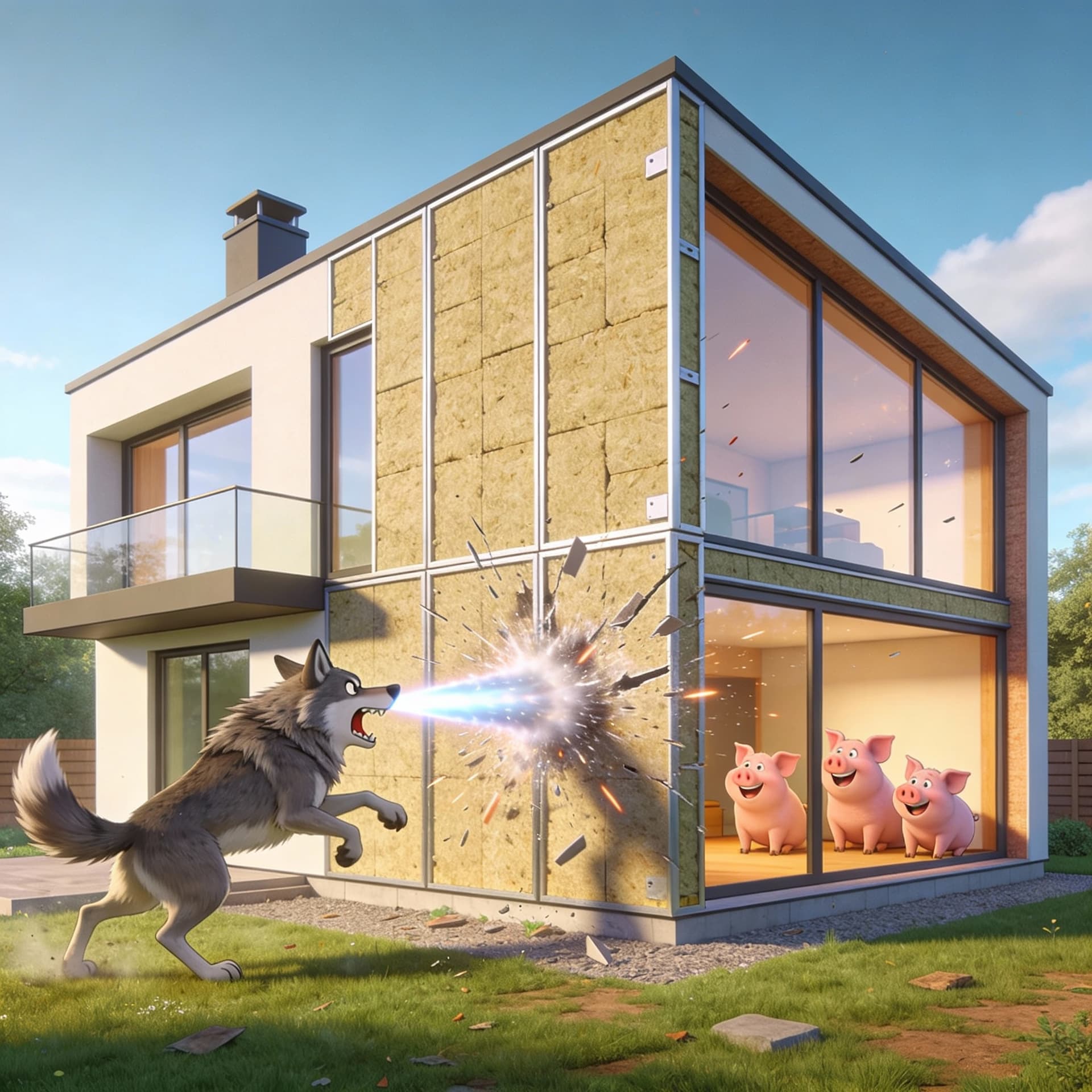 AI generated: Cartoon visual for an ad. The core concept: absolute durability. A hyper-modern SIP-panel house (con...